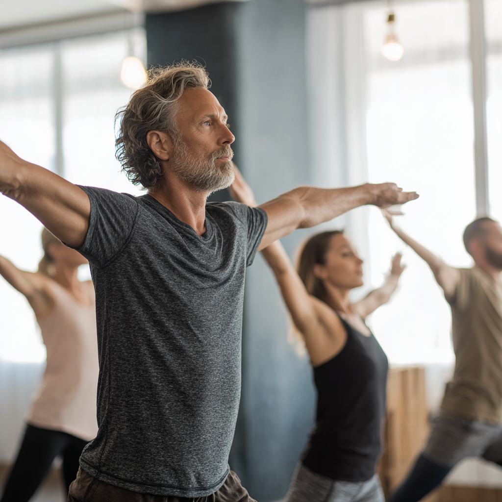 Инструктор на 55 години води безплатен пробен йога урок за група от трима възрастни ученици в светло студио