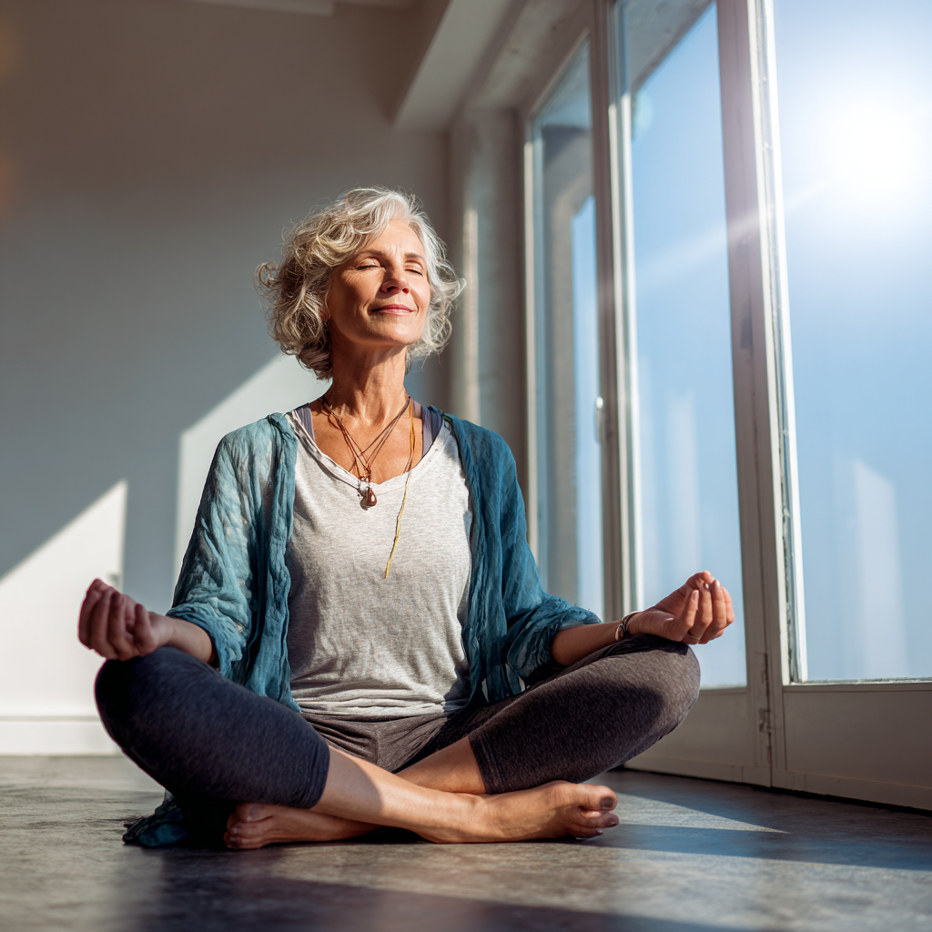 Спокойна жена на 55 години практикува йога в светла зала, облечена в удобни дрехи и с усмивка на лицето