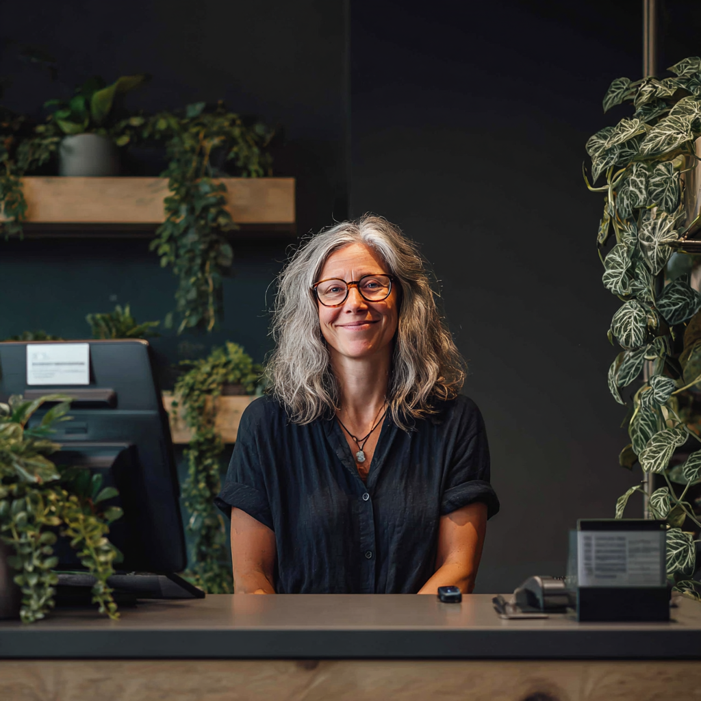 Приветлива рецепционистка на 50 години усмихната зад рецепцията на fenduvrok студио, заобиколена от спокойна атмосфера и растения