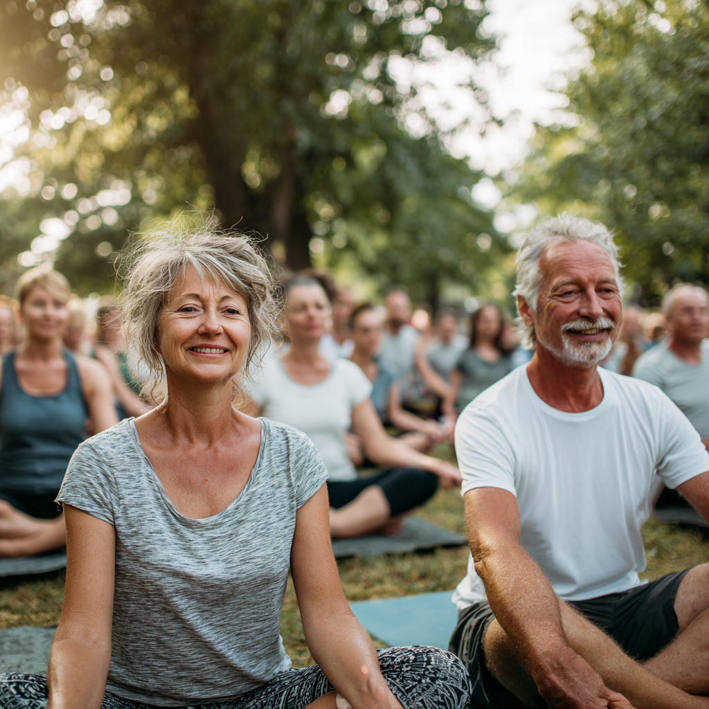Група от хора между 50 и 60 години практикуват йога на открито в парк, всички изглеждат спокойни и усмихнати
